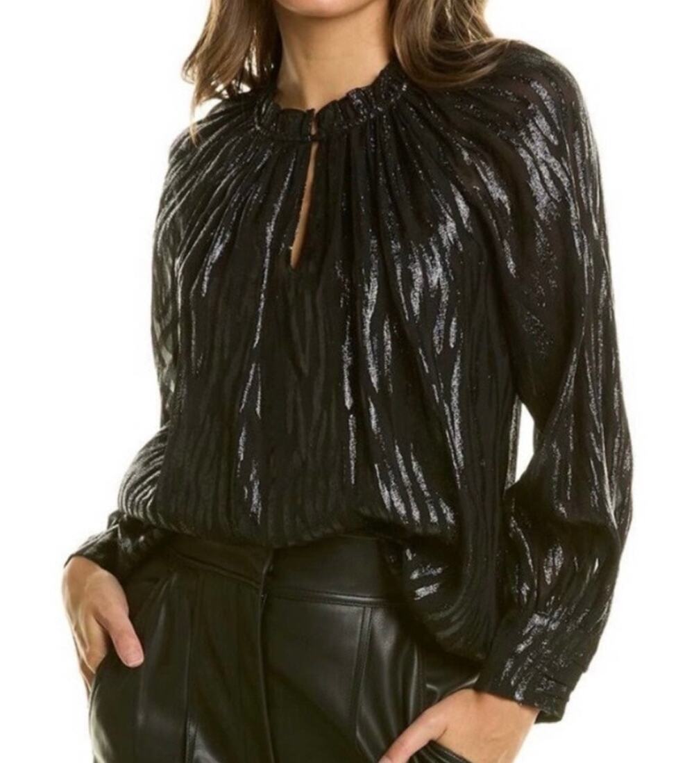 Rebecca Taylor Safari Silk Blend Blouse Black Metallic Ruffle Women's 4 New